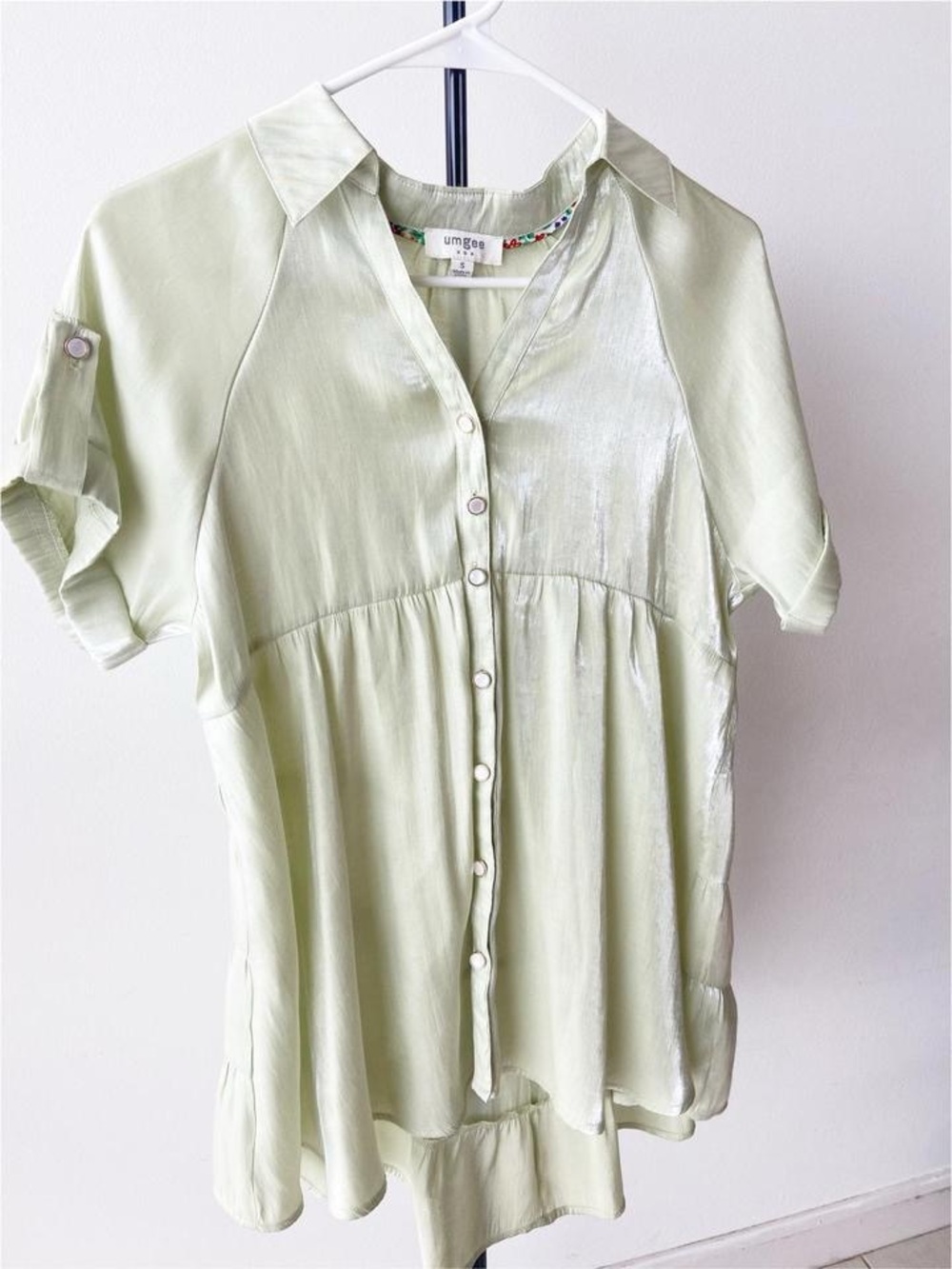 Umgee Shimmery Light Green Button-Down Short Sleeve Blouse